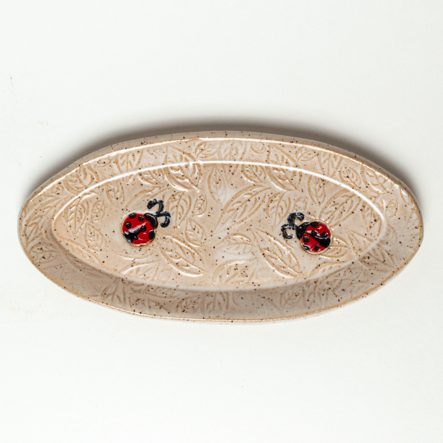 Ladybug White Oval Stoneware Trinket Dish