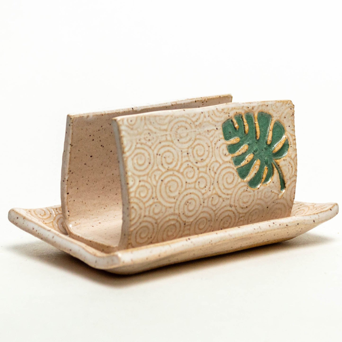 Monstera Leaf on White Stoneware Sponge Holder