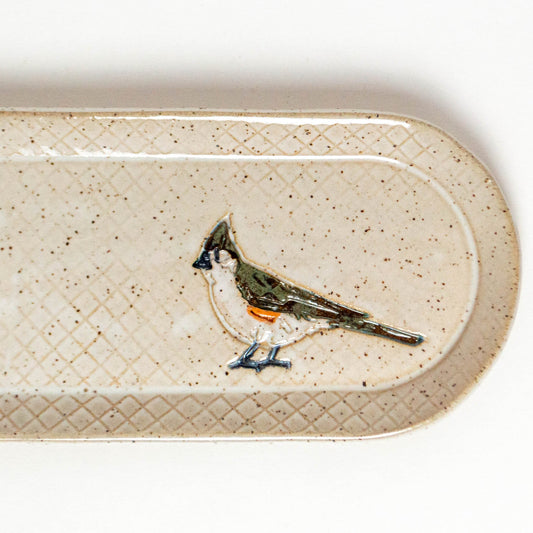 Tufted Titmouse on White Stoneware 12"x4" Platter