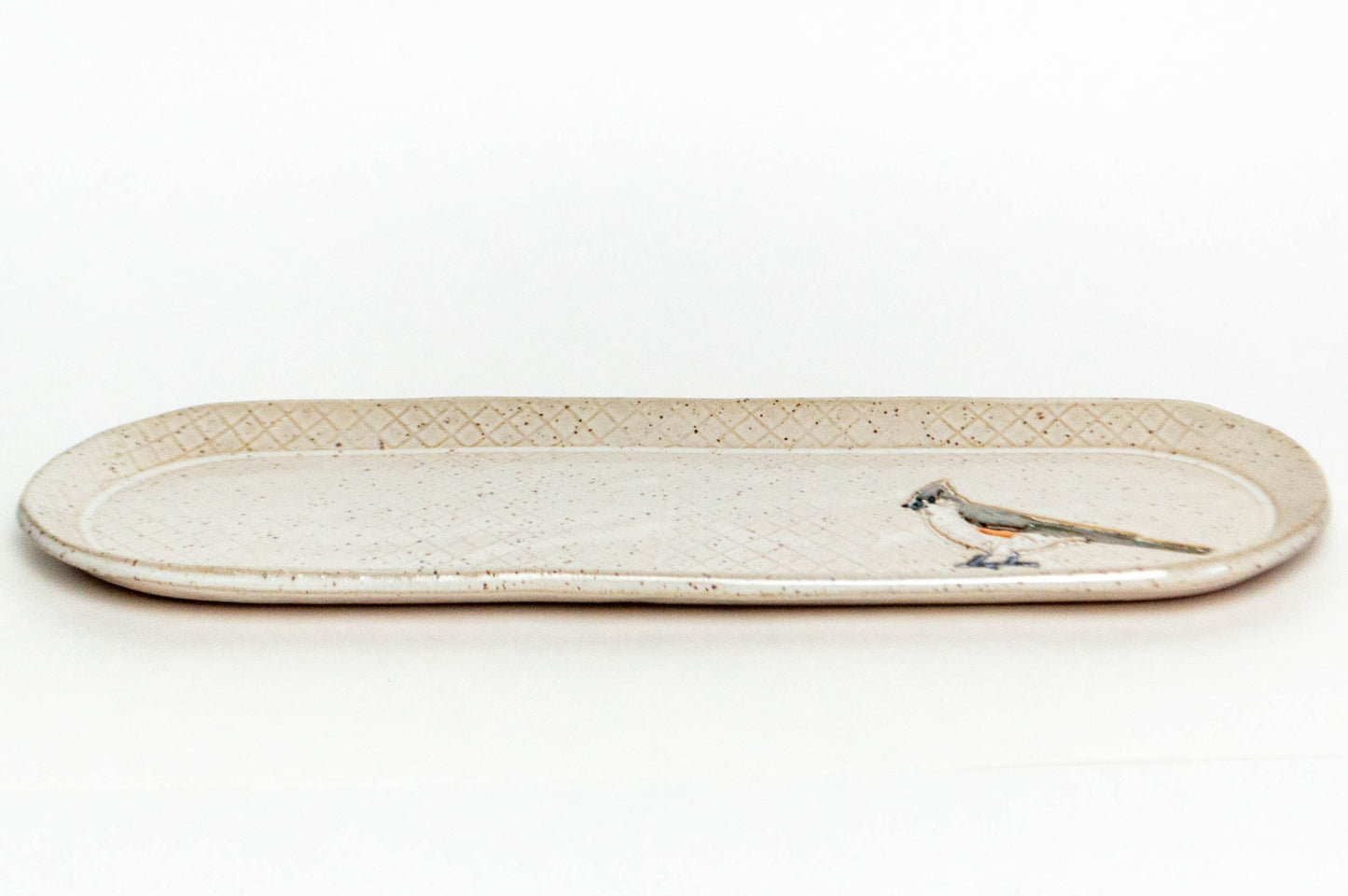 Tufted Titmouse on White Stoneware 12"x4" Platter