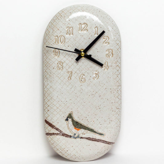 Tufted Titmouse on White Stoneware Wall Clock