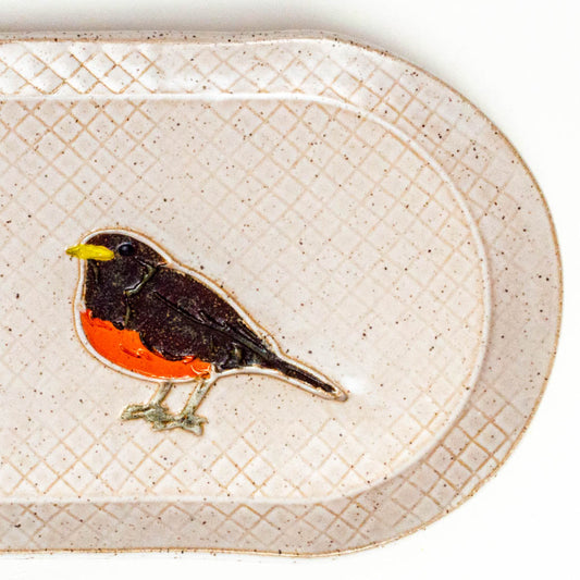 Robin on White Stoneware 10"x5" Platter