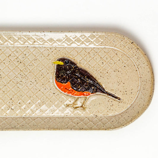 Robin on White Stoneware 12"x4" Platter