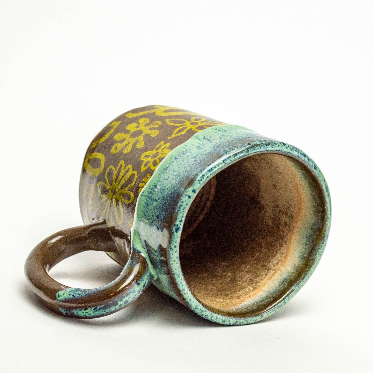 Yellow Flower w/Green Drip Rim Handmade Stoneware 12oz Mug