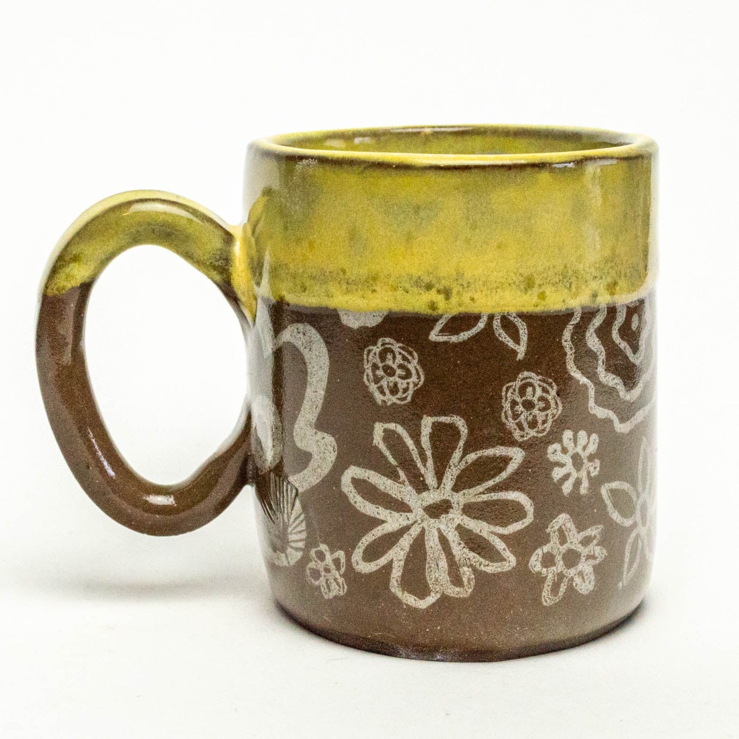 Yellow Rim White Flower Pattern on Chocolate Stoneware 12oz Mug