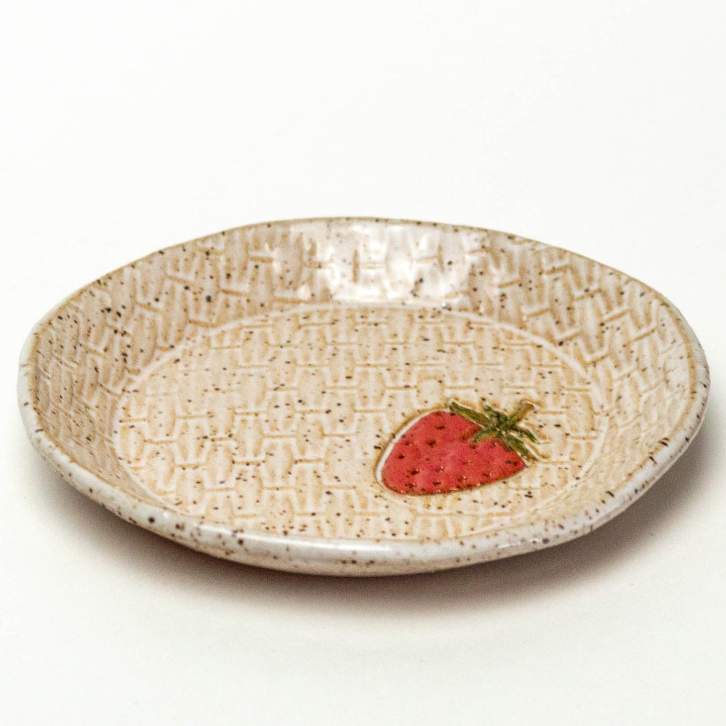 Strawberry on White Basketweave Stoneware Round Trinket Dish