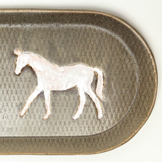 White Horse on Silver Stoneware 10"x5" Platter