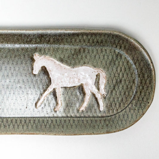 White Horse on Silver Stoneware 12"x4" Platter