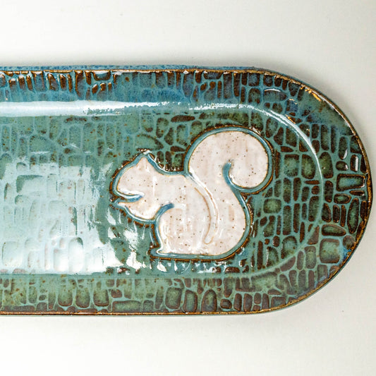 White Squirrel on Blue Stoneware 12" x 4" Platter