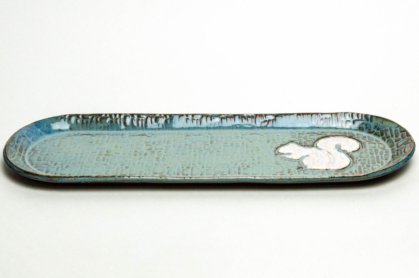 White Squirrel on Blue Stoneware 12" x 4" Platter