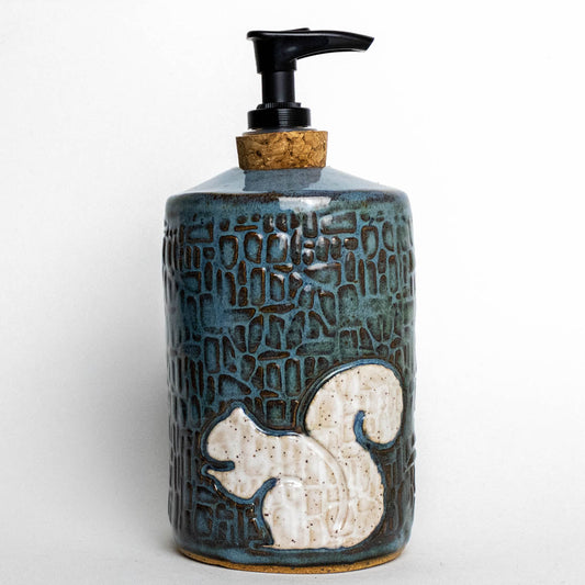 White Squirrel on Blue Stoneware Soap Dispenser