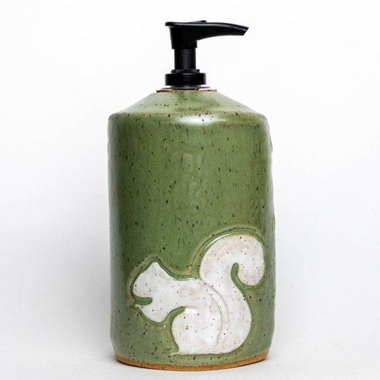 White Squirrel on Green Stoneware Soap Dispenser