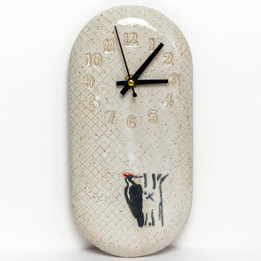 Woodpecker White Stoneware Wall Clock