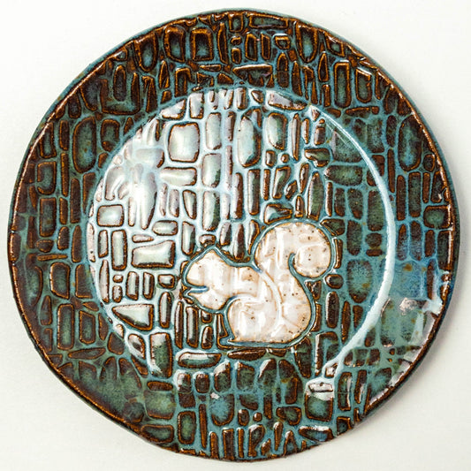 White Squirrel on Blue Stoneware Spoon Rest