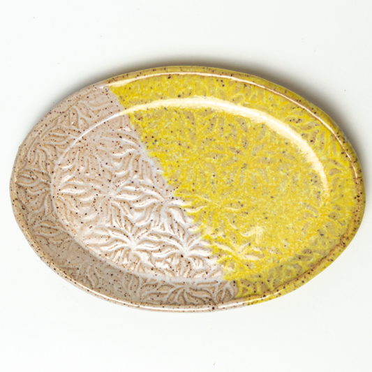 Yellow & White Oval Stoneware Trinket Dish