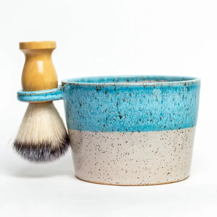 Light Blue Hand-Thrown Stoneware Shave Bowl w/ Brush