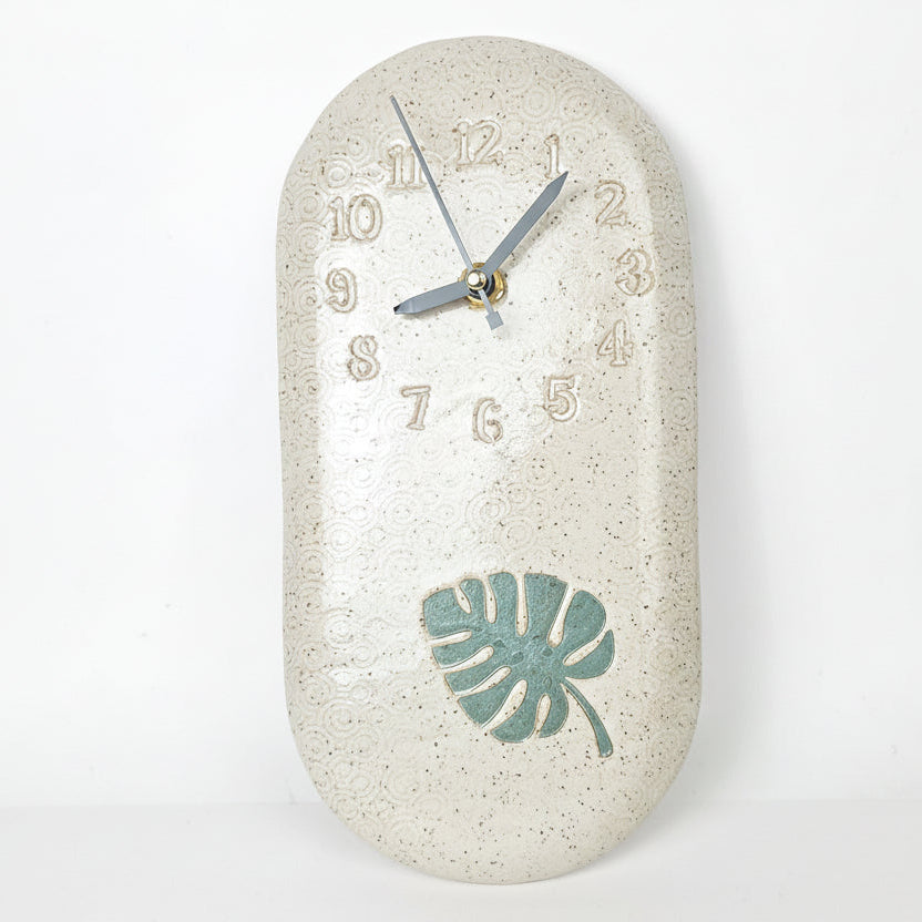 Monstera Leaf on White Stoneware Handmade Clock