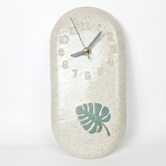 Monstera Leaf on White Stoneware Handmade Clock