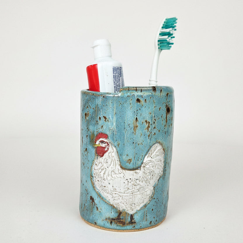 White Chicken Handmade Stoneware Toothbrush Holder