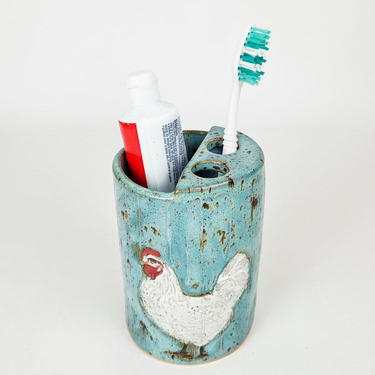White Chicken Handmade Stoneware Toothbrush Holder