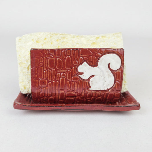 White Squirrel on Cinnamon Stoneware Sponge Holder