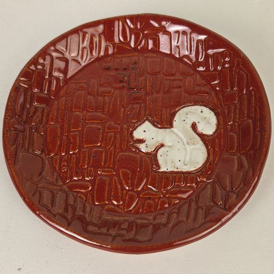 White Squirrel on Cinnamon Round Stoneware Trinket Dish