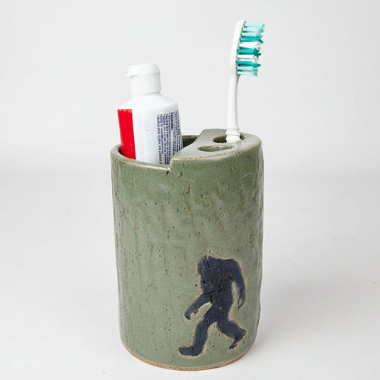 Sasquatch / Bigfoot Handmade Green Stoneware Toothbrush Holder