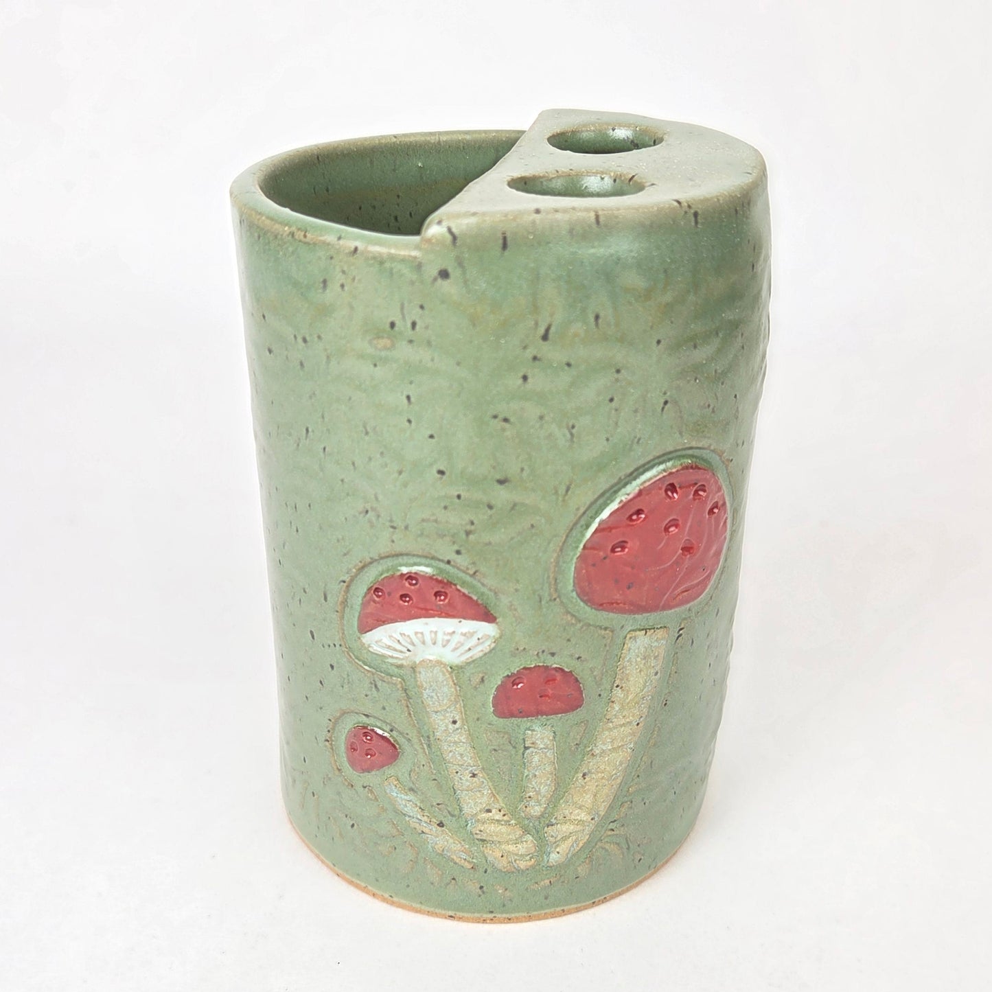 Mushroom Green Retro Handmade Stoneware Toothbrush Holder