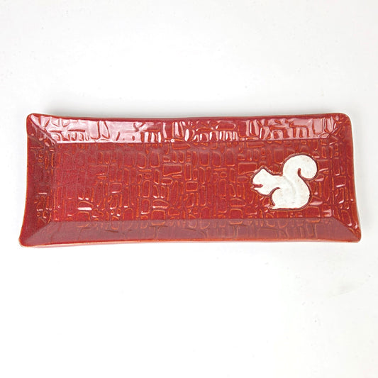 White Squirrel on Cinnamon Red Stoneware Butter/Olive Dish
