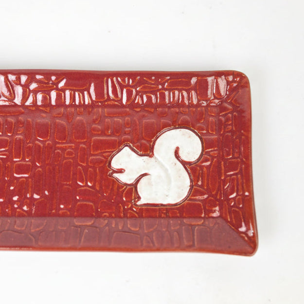 White Squirrel on Cinnamon Red Stoneware Butter/Olive Dish