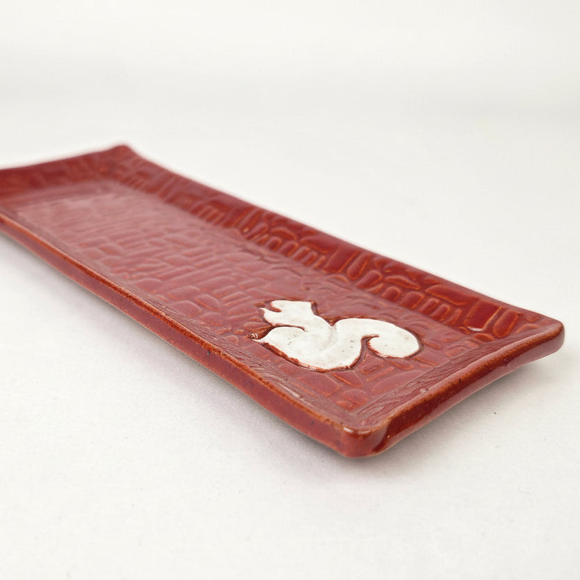 White Squirrel on Cinnamon Red Stoneware Butter/Olive Dish