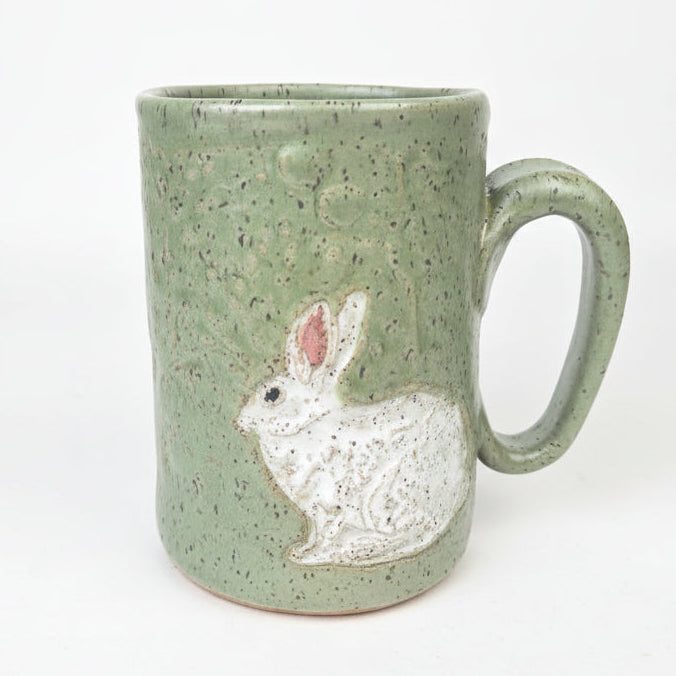 White Rabbit on Green 14oz Stoneware Handmade Mug