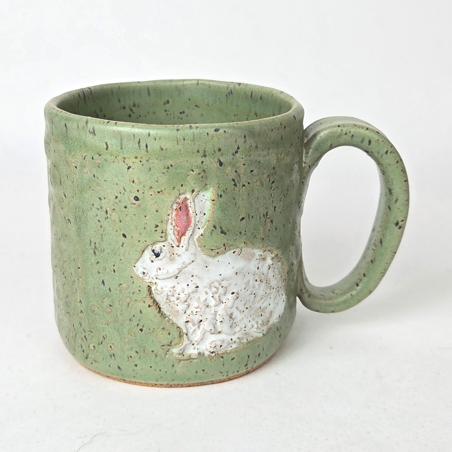 White Rabbit on Green 10oz Stoneware Handmade Mug