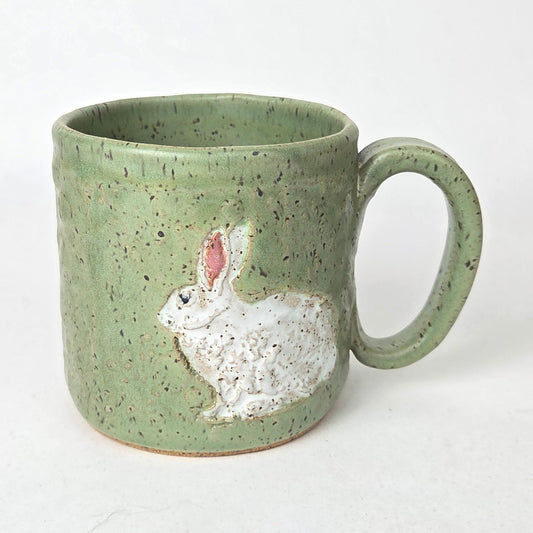 White Rabbit on Green 10oz Stoneware Handmade Mug