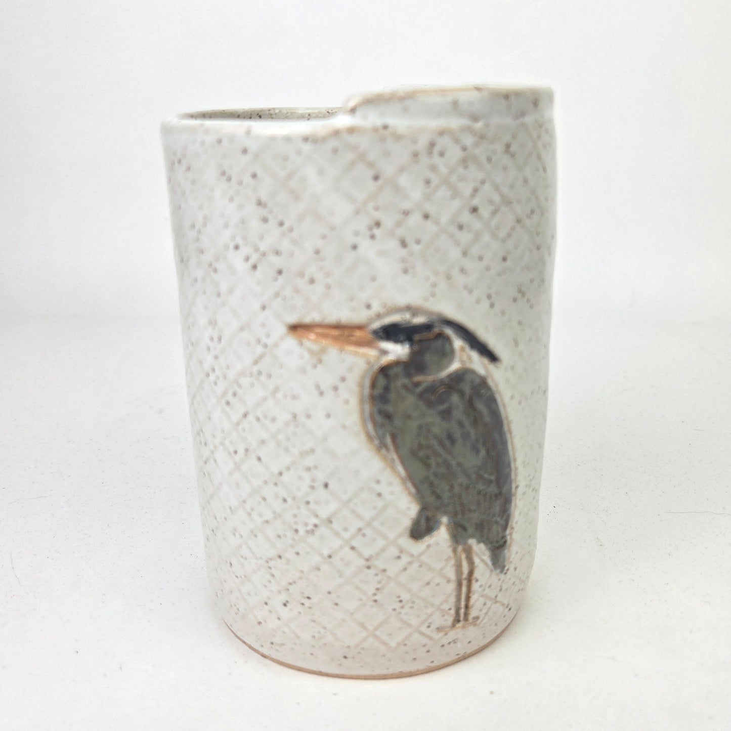 Blue Heron on White Handmade Stoneware Toothbrush Holder