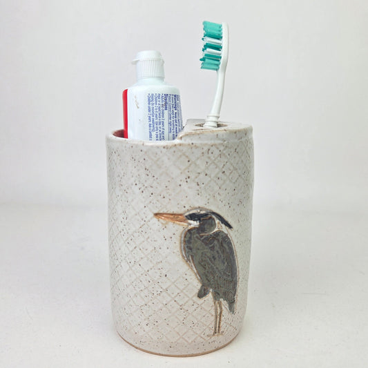 Blue Heron on White Handmade Stoneware Toothbrush Holder