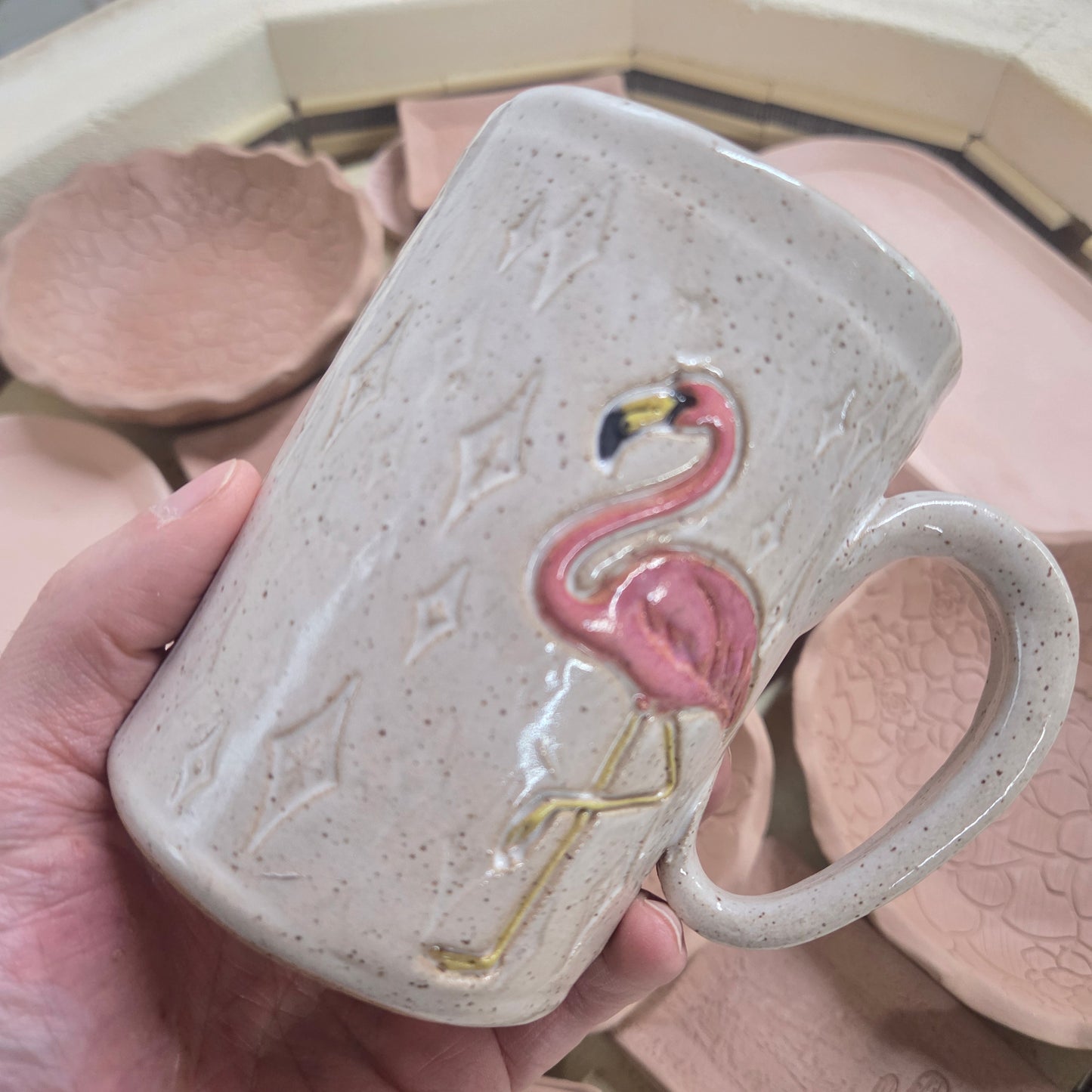 Flamingo on White Retro Design Stoneware 14 oz Mug