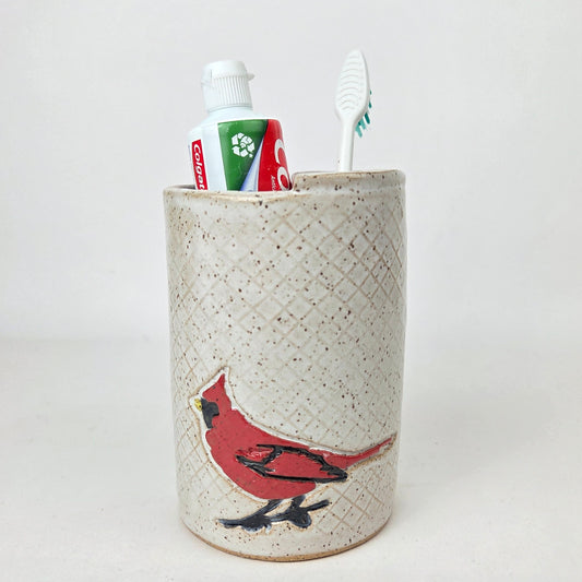 Cardinal on White Handmade Stoneware Toothbrush Holder