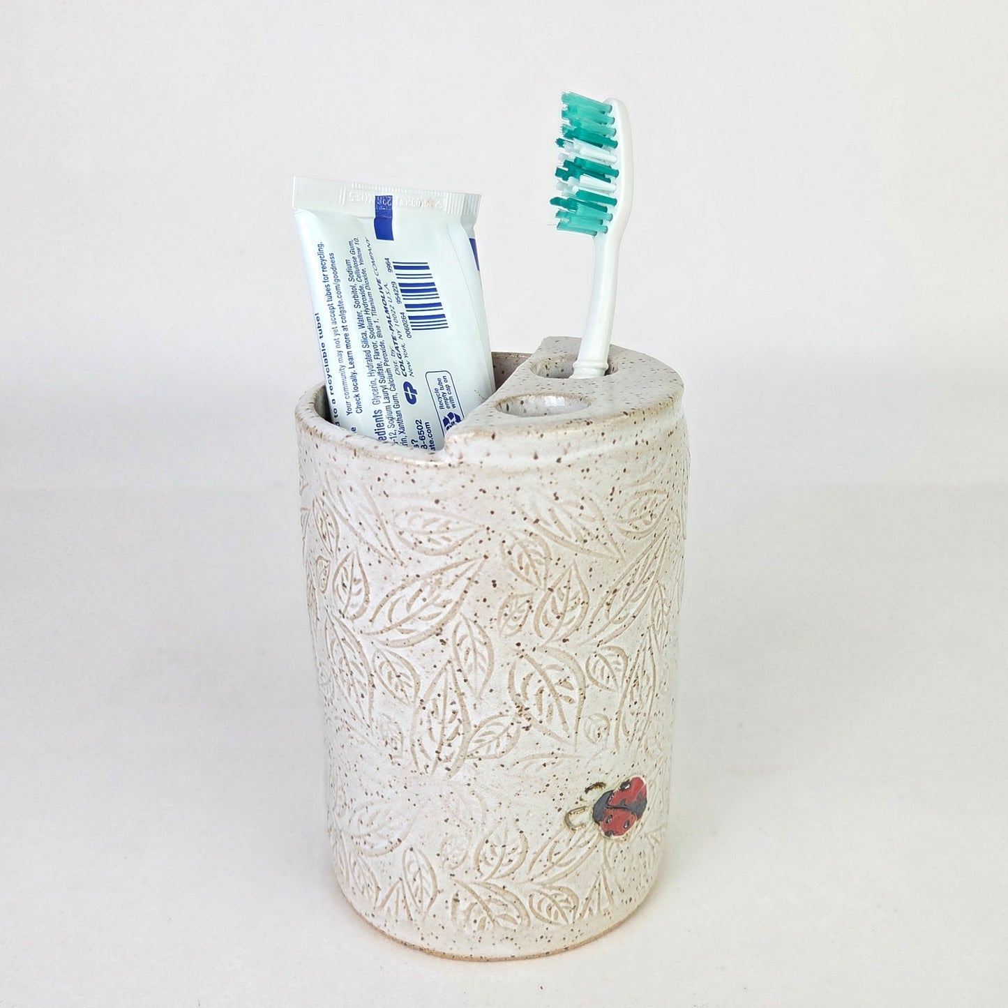 Lady Bugs on White Handmade Stoneware Toothbrush Holder