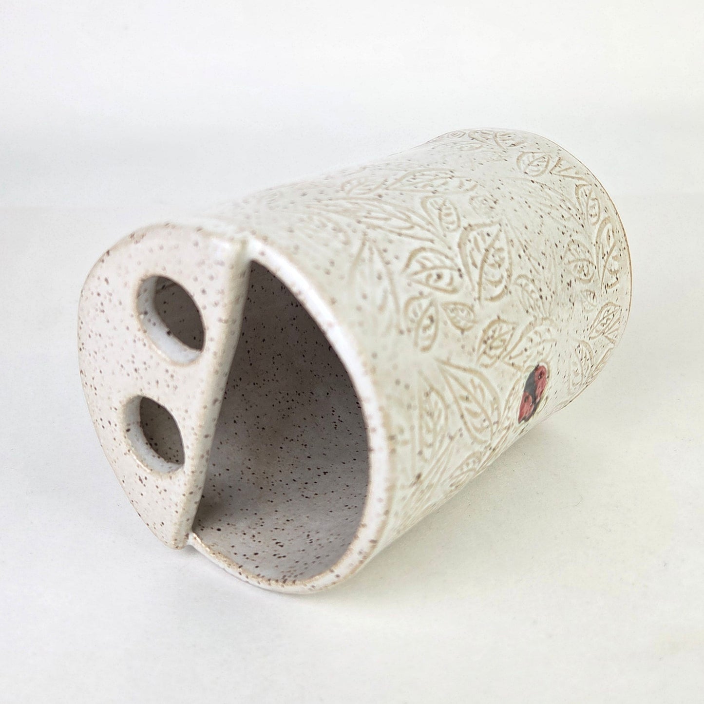 Lady Bugs on White Handmade Stoneware Toothbrush Holder