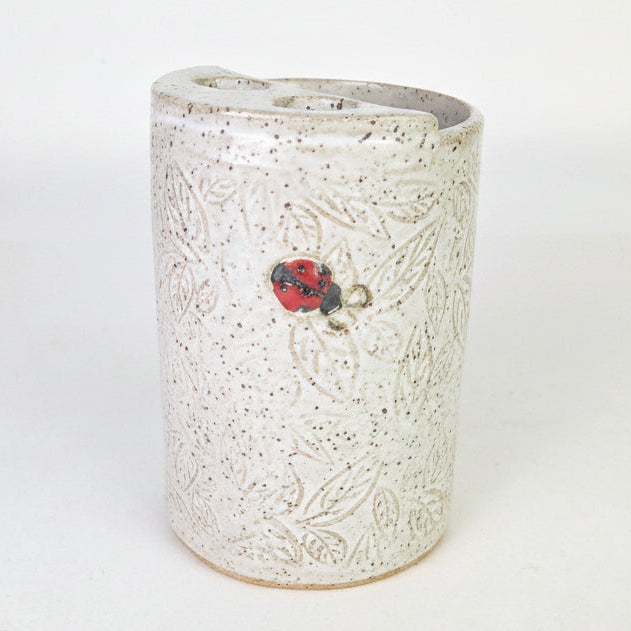 Lady Bugs on White Handmade Stoneware Toothbrush Holder
