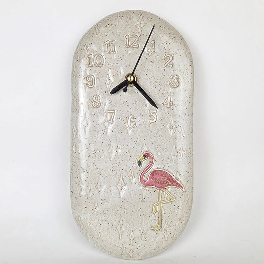 Flamingo on Mid-Century Design White Stoneware Clock