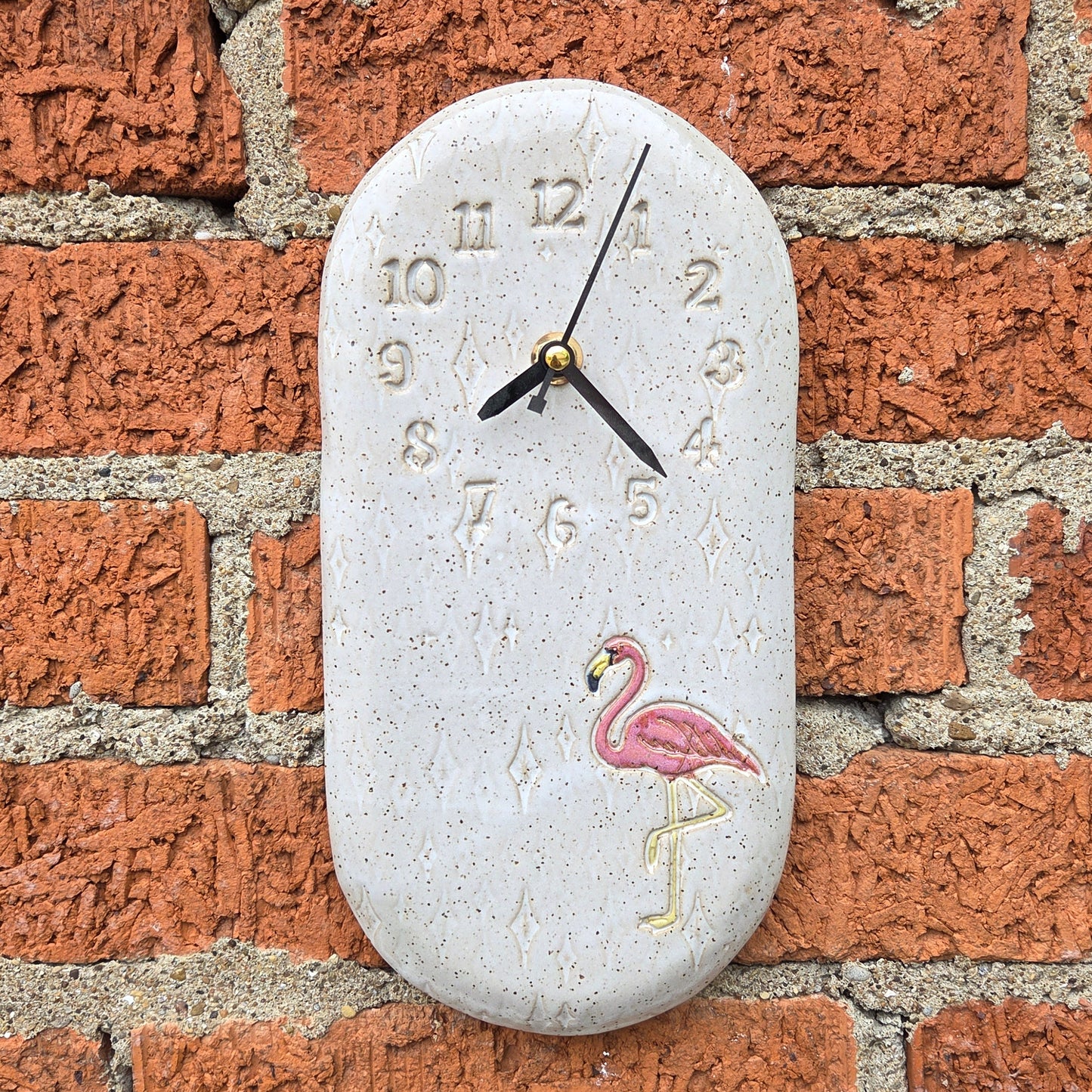 Flamingo on Mid-Century Design White Stoneware Clock