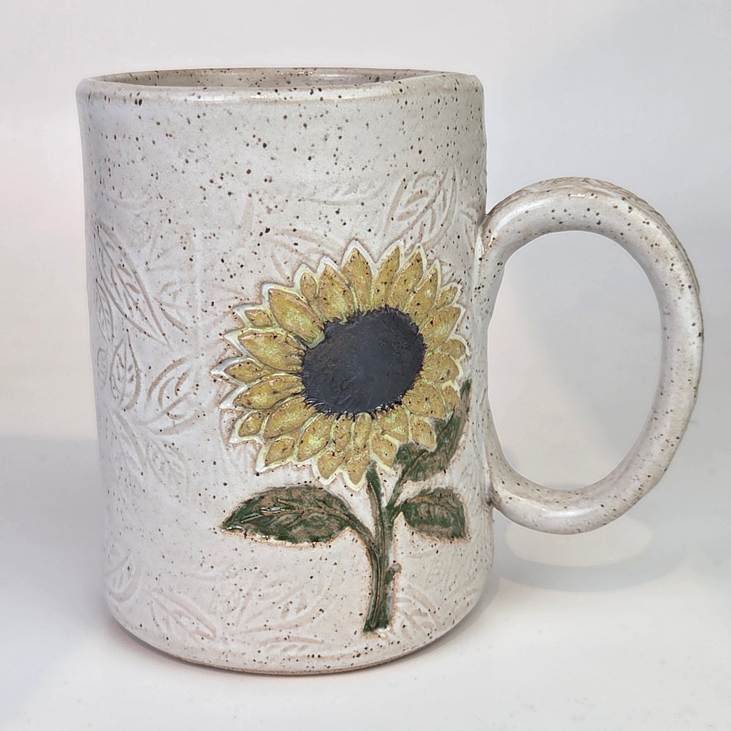 Sunflower on White Leaf Pattern Stoneware 14oz Mug