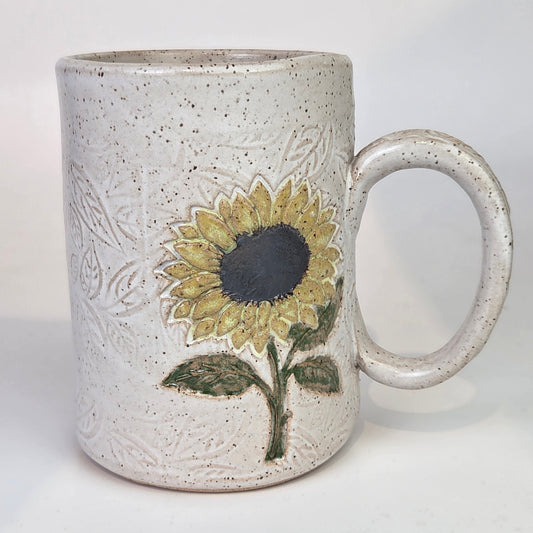 Sunflower on White Leaf Pattern Stoneware 14oz Mug