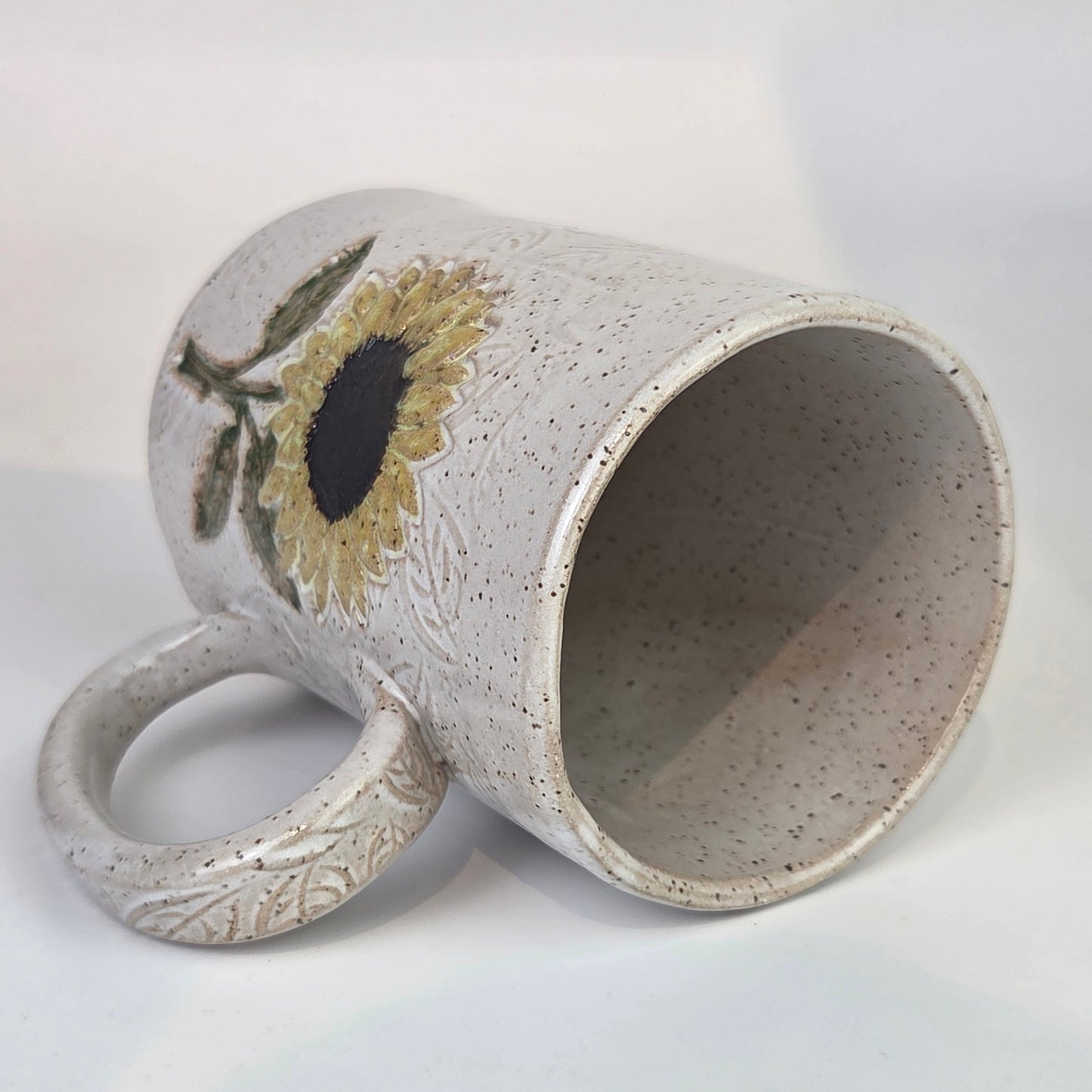 Sunflower on White Leaf Pattern Stoneware 14oz Mug