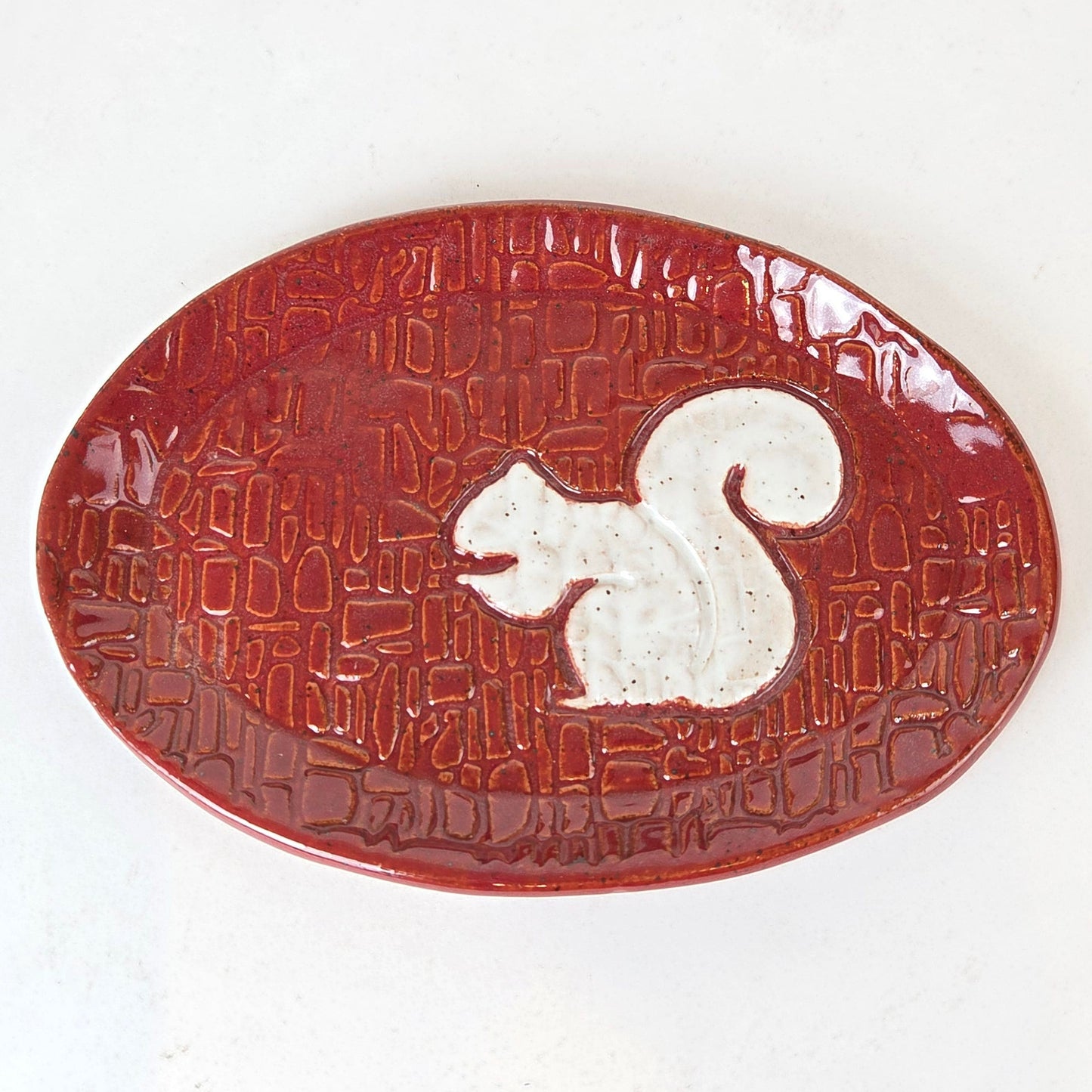 White Squirrel on Cinnamon Stoneware Oval Trinket Dish