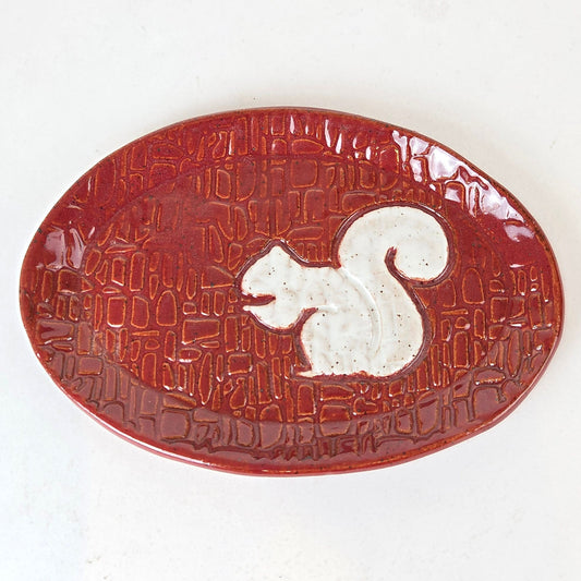 White Squirrel on Cinnamon Stoneware Oval Trinket Dish