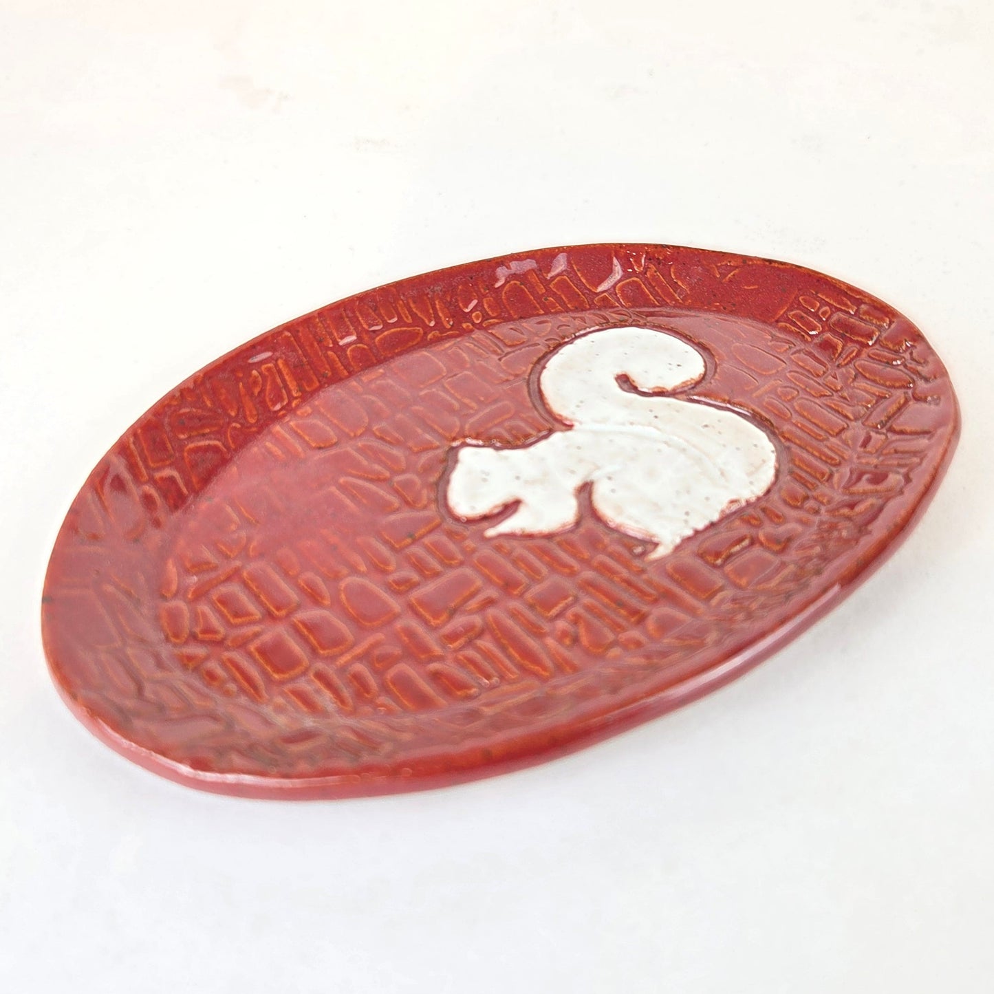 White Squirrel on Cinnamon Stoneware Oval Trinket Dish
