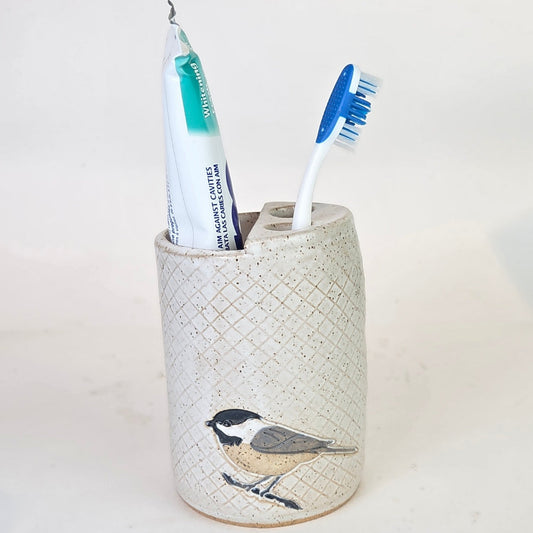 Chickadee on White Handmade Stoneware Toothbrush Holder